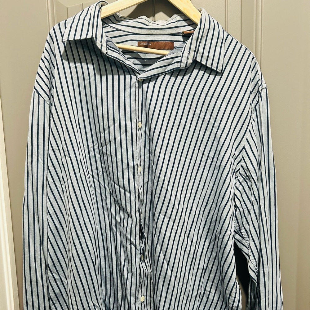 Perry Ellis Navy and Light Gray Striped Shirt